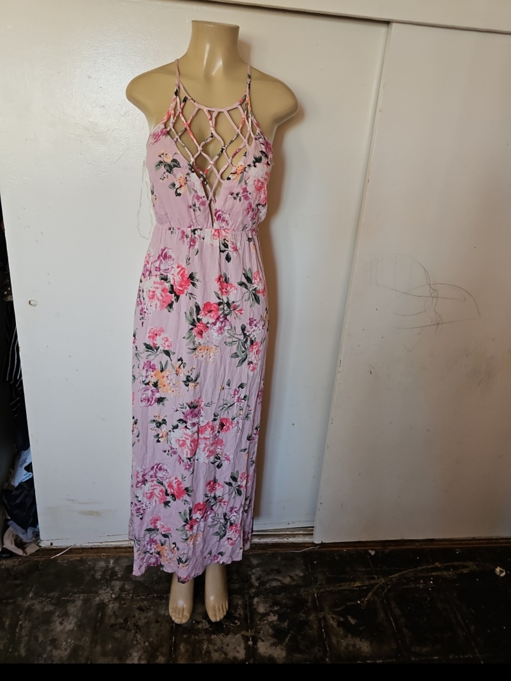 The Vintage Shop Pink Floral Maxi Dress with Lattice Halter